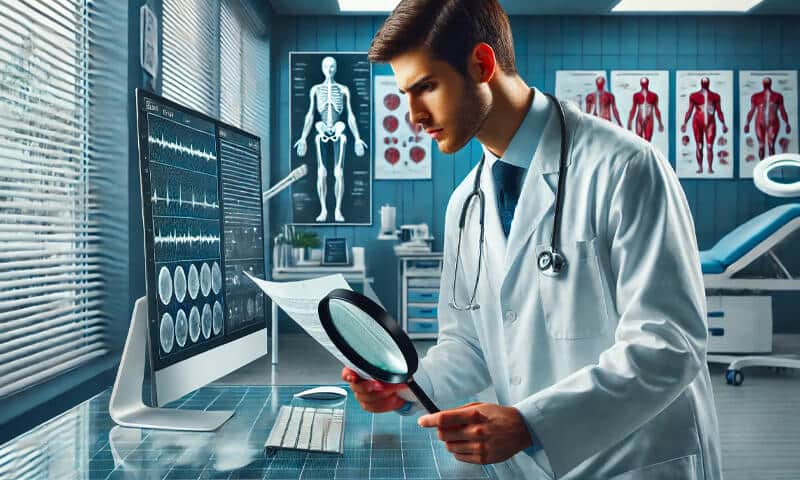 Un medico con la lente di ingrandimento che cerca di capire cosa sia la xerosi cutanea