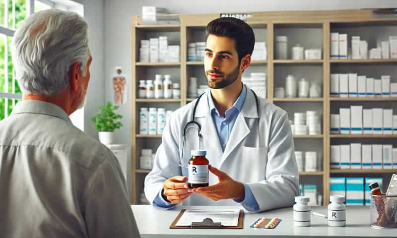 Un farmacista che vende dei trattamenti farmacologici a una persona