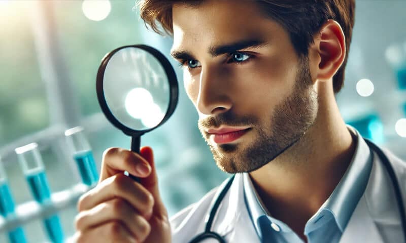 Un medico con una lente d'ingrandimento