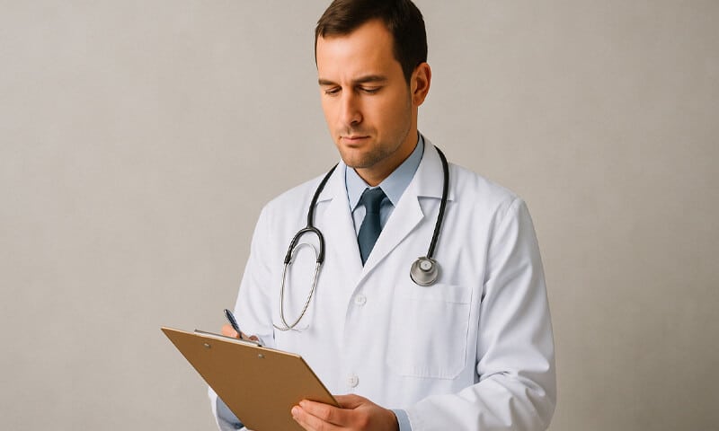 Un medico con in mano una cartella clinica che si rende conto del quadro clinico complesso della sindrome di werner