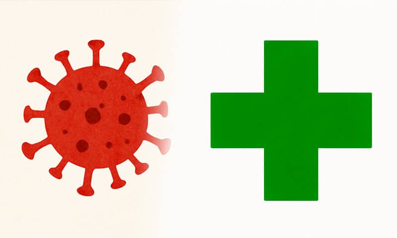 Immagine di un virus e una croce verde che rappresentano la cura e il contagio del fuoco di Sant'Antonio