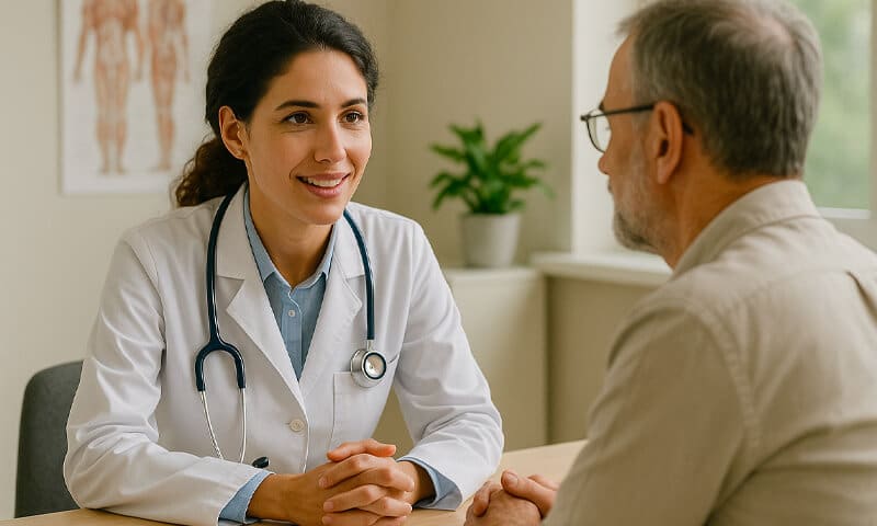 Medico e paziente che parlano riguardo alle domande utili sulla porfiria epatica acuta
