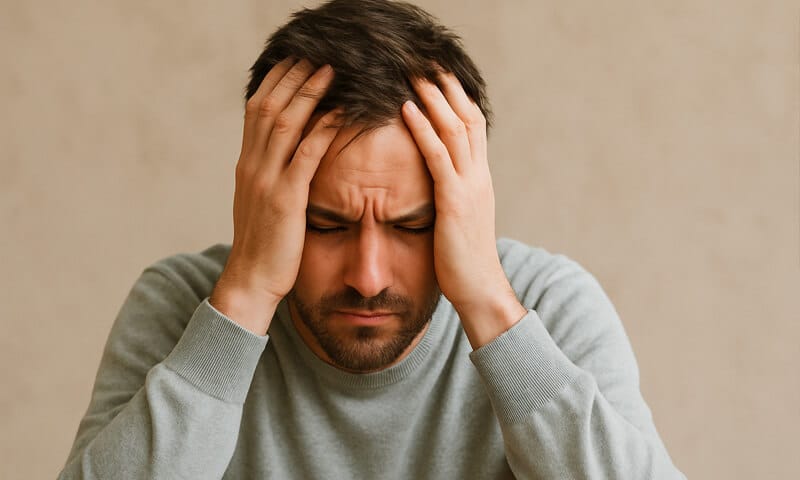Un uomo sconsolato si tiene la testa perché ha scoperto di avere il lichen planus