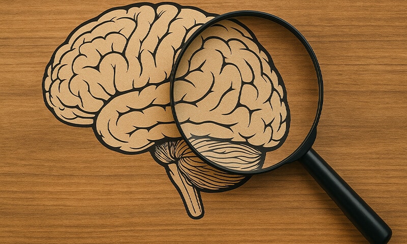 Immagine di un cervello disegnato e di una lente d'ingrandimento a rappresentare il nesso procrastinazione-psicologia